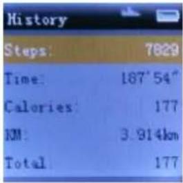 History Steps: 7829 Time: 167'54" Calories: 177 10M: 3.914km Total: 177