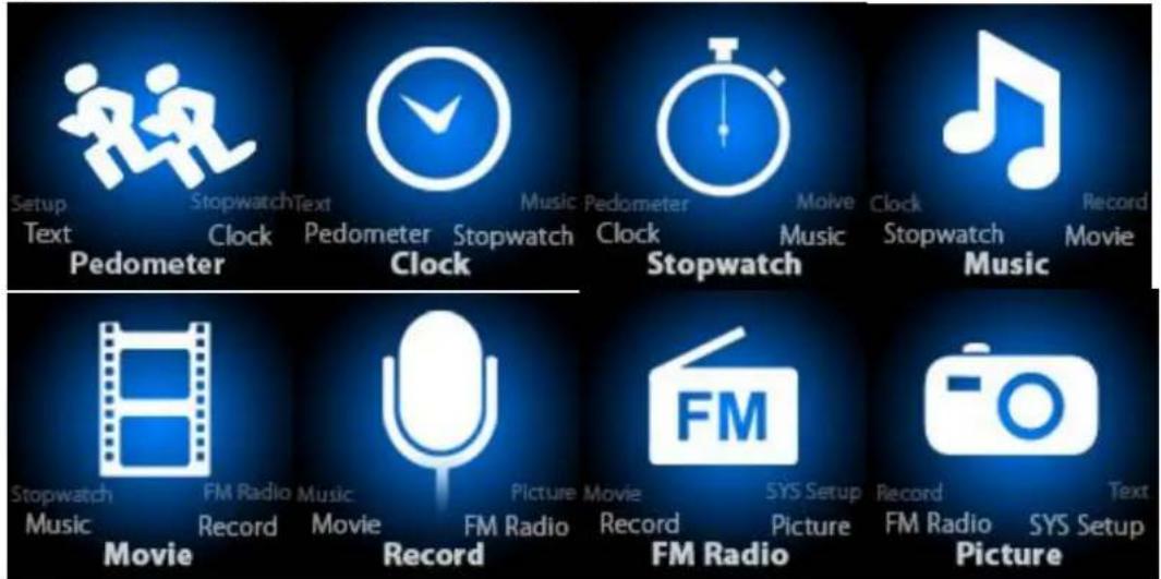 Setup Text Pedometer Stopwatch Text Clock Pedometer Stopwatch Music Pedometer Clock Molve Music Stopwatch Music Record Movie FM Radio Record Movie FM Radio Record Picture Music FM Radio Record Picture FM Radio System Setup Music System Setup Music System Setup