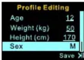 Profile Editing Age 12 Weight (kg) 50 Height (cm) 170 Sex M Save >