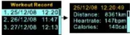 Workout Record 1. 25/12/08 12:20 2. 26/12/08 11:47 3. 27/12/08 12:13 → 25/12/08 12:20:49 Distance: 8361km Heartrate: 147bpm Calories: 140cal