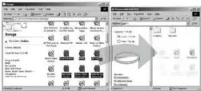 Screenshot of a music software interface showing song management and playback controls with preview thumbnails and text labels.
