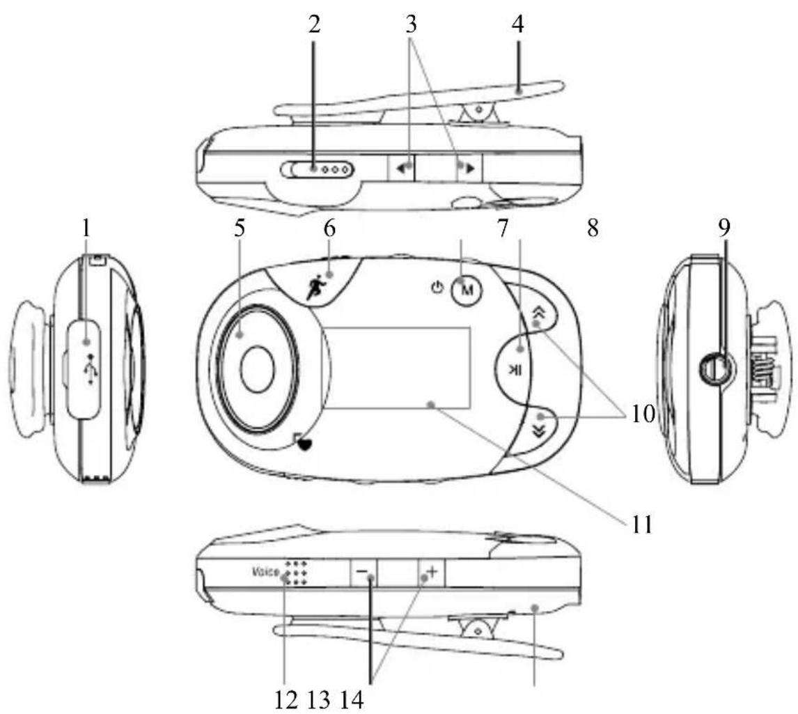 Technical diagram of a device with numbered parts and labeled parts such as 'Voice', 'M', and '12 13 14'