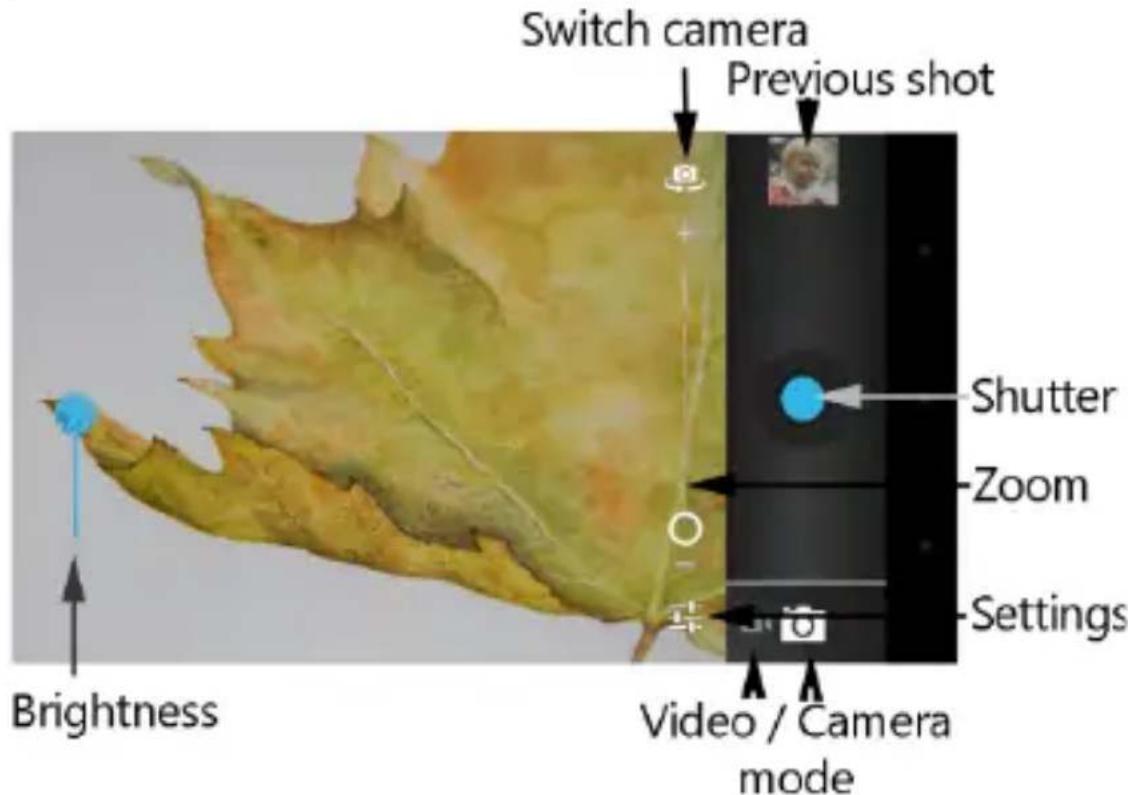 Switch camera Previous shot Shutter Zoom Settings Brightness Video / Camera mode