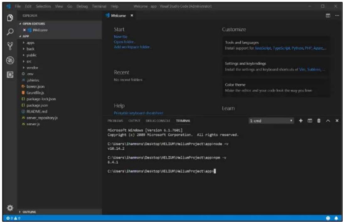 Welcome Start New file Open folder... Add workspace folder... Recent No recent folders Help Printable keyboard cheapest Customize Tools and languages Install support for JavaScript, TypeScript, Python, PHP, Azure... Settings and keybindings Install the settings and keyboard shortcuts of Veri, Sublime... Color theme Make the editor and your code look the way you love Learn PROGRESS OUTPUT DEBUG CONSULT TERMINAL 1 cmd Microsoft Windows [Version 6.1.7681] Copyright (c) 2009 Microsoft Corporation. All rights reserved. C:\Users\ihammons\Desktop\HELIUM\HeliumProject\app>node -v v10.14.2 C:\Users\ihammons\Desktop\HELIUM\HeliumProject\app>npm -v 6.4.1 C:\Users\ihammons\Desktop\HELIUM\HeliumProject\app>