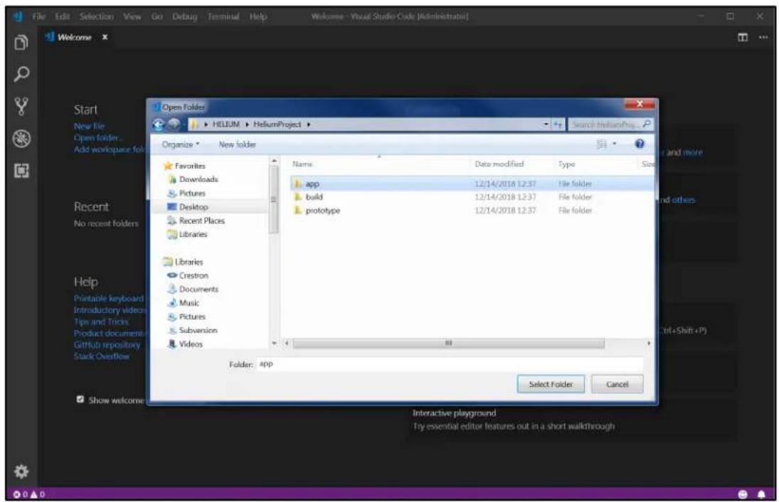 File Edit Selection View Go Debug Terminal Help Welcome - Visual Studio Code [Administrator] Welcome Open Folder HELIUM > HeliumProject > Organize New folder Favorites Downloads Pictures Desktop Recent Places Libraries Libraries Crestron Documents Music Pictures Subversion Videos Name Date modified Type Size app 12/14/2018 12:37 File folder build 12/14/2018 12:37 File folder prototype 12/14/2018 12:37 File folder Folder: #PP Select Folder Cancel Interactive playground Try essential editor features out in a short walkthrough