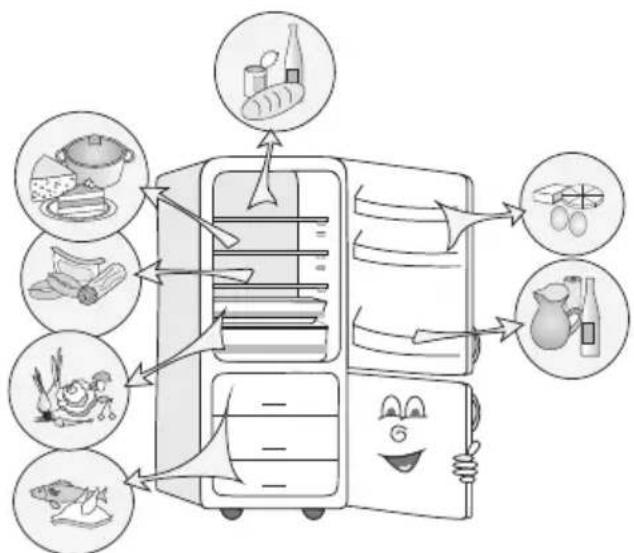 Illustration of a refrigerator with food items and their corresponding images, showing food categories like chicken, fish, vegetables, and beverages.