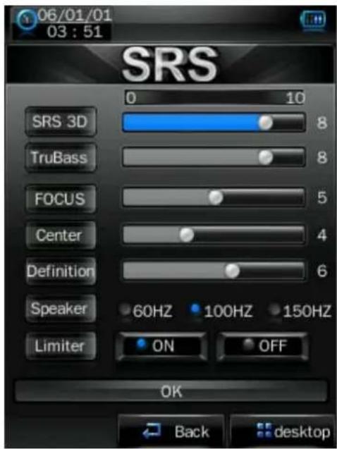06/01/01 03:51 SRS 0 10 SRS 3D 8 TruBass 8 FOCUS 5 Center 4 Definition 6 Speaker 60HZ 100HZ 150HZ Limiter ON OFF OK Back desktop