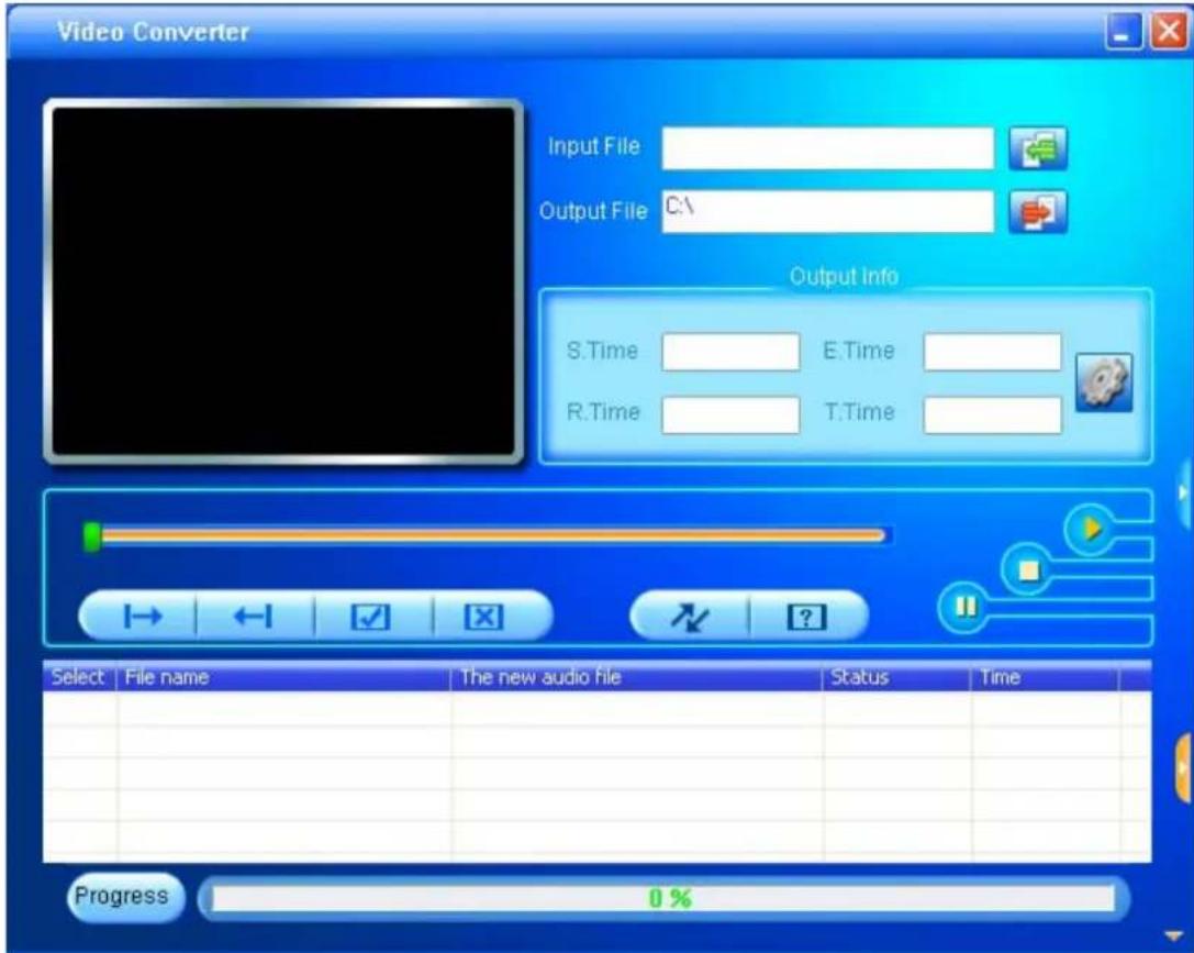 Video Converter Input File Output File C:\ Output Info S.Time E.Time R.Time T.Time Select File name The new audio file Status Time Progress 0 %