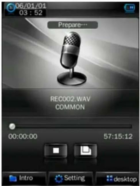 06/01/01 03:52 Prepare... REC002.WAV COMMON 00:00:00 57:15:12 Intro Setting desktop