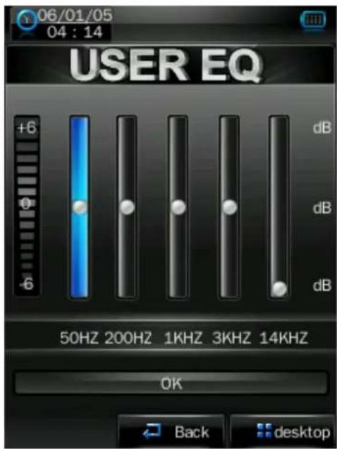 USER EQ +6 dB 0 dB -6 50HZ 200HZ 1KHZ 3KHZ 14KHZ OK Back desktop