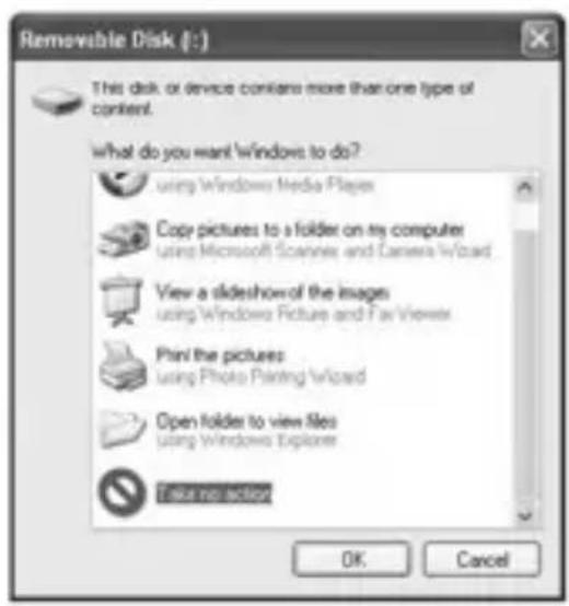 Removable Disk (I:) This disk or device contains more than one type of content. What do you want Windows to do? using Windows Media Player Copy pictures to a folder on my computer using Microsoft Scanner and Camera Wizard View a slideshow of the images using Windows Picture and Fan Viewer Print the pictures using Photo Printing Wizard Open folder to view files using Windows Explorer Make no action OK Cancel
