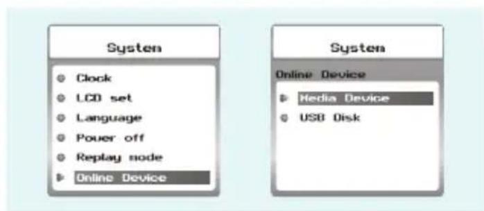 System Clock LCD set Language Power off Replay node Online Device System Online Device Media Device USB Disk