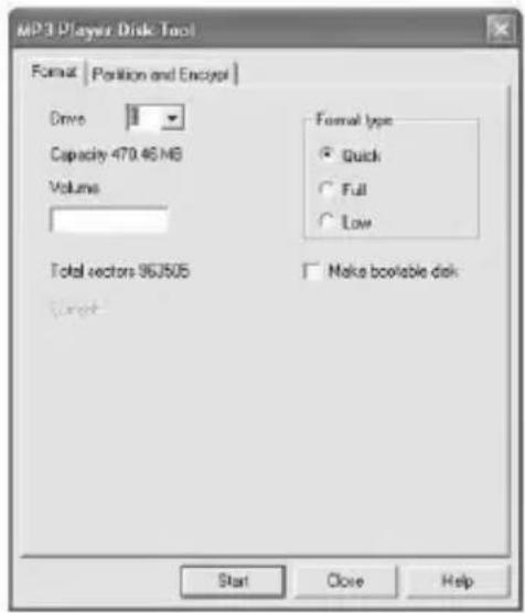 MP3 Player Disk Tool Format | Position and Encrypt | Drive Capacity 470.46 MB Volume Total sectors 96J505 Current Format type ● Quick ○ Full ○ Low □ Make bovable disk Start Close Help