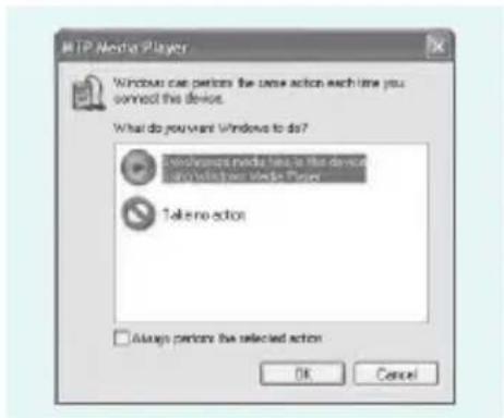 MTP Media Player Windows can perform the same action each time you connect the device. What do you want Windows to do? Windows will not have a device to access the media Player. Take no action Always perform the selected action OK Cancel