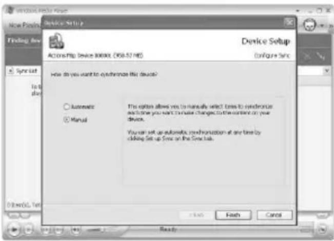 Windows Media Player Device Setup Actions Pip Device 8000 (958.52 MB) Device Setup Configure Sync How do you want to synchronize this device? Automatic Manual This option allows you to manually select times to synchronize and some you want to make changes to the online on your device. You can set up automatic reynchronization at any time by clicking Set up Time on the Sync task.