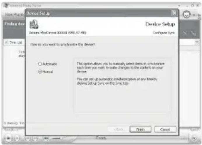 Device Setup Options Web Devices 000001 (958.57 MB) Configure Sync How do you want to synchronize this device? ○ Automark ● Manual Find option allows you to manually select them to synchronize such time you want to make changes to the content on your Blink. You can set up automatic synchronization at any time by diding Setup Sync on the Sync tab. Finish Cancel