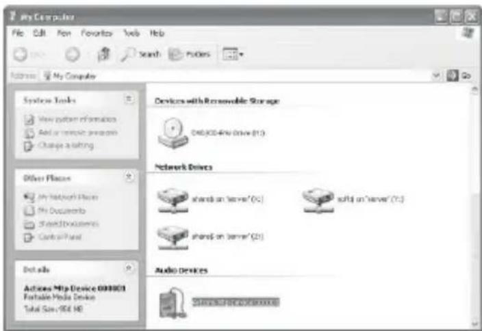 My Computer File Edit View Favorites Web Help Search Favorites Address My Computer System Tools View system information Add or update program Change assisting Other Places My Network Places My Documents Shared Documents Control Panel Details Actions Mtp Device 000001 Fortable Media Device Total Size: 906 MB Devices with Renewable Storage 040,000-400 drive (1.5) Network Drives shared on 'server' (2.5) shared on 'server' (2.5) shared on 'server' (2.5) Audio Devices Share this device is available
