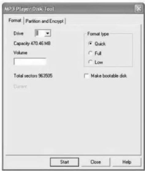 MP3 Player Disk Tool Format | Partition and Encrypt | Drive Capacity 470.46 MB Volume Total sectors 963505 Current Format type ● Quick ○ Full ○ Low □ Make bootable disk. Start Close Help
