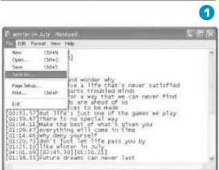 winter in July - Notepad File Edit Format View Help New Ctrl+0 Open... Ctrl+0 Save Ctrl+0 Save As... Page New... Print... Ctrl+0 Edit [0:13.17] But life's just one of the games we play [0:19.67] There is no special way [0:14.11] Make the best of what's given you [0:19.47] everything will come in time [0:14.46] why deny yourself [0:20.73] don't just let life pass you by [0:25.10] like winter in July [0:10.09] [0:245.30][0:18.25] [0:18.33] Future dreams can never last