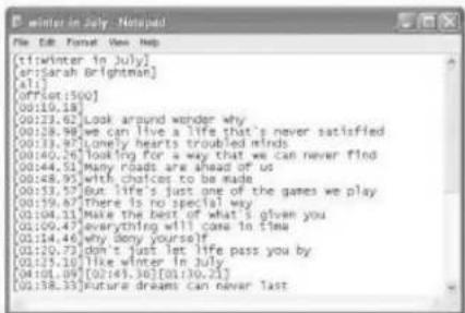 Winter in July: Notaped File Edit Format View Help [tf:winter in July] [er:sarah Brightman] [all] [or:lot:500] [00:10.18] [00:23.62] Look around wonder why [00:28.98] we can live a life that's never satisfied [00:33.87] lonely hearts troubled minds [00:40.26] looking for a way that we can never find [00:44.51] Many roads are ahead of us [00:48.95] with choices to be made [00:53.57] But life's just one of the games we play [00:59.87] There is no special way [01:04.11] Make the best of what I given you [01:09.47] everything will come in time [01:14.46] why deny yourself [01:20.72] don't just live life pass you by [01:25.10] like winter in July [04:01.09] [02:45.30] [01:130.25] [01:38.33] Future dreams can never Tast