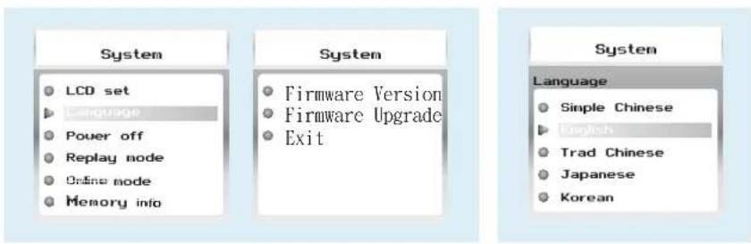 System LCD set Language Power off Replay mode Online mode Memory info System Firmware Version Firmware Upgrade Exit System Language Simple Chinese English Trad Chinese Japanese Korean