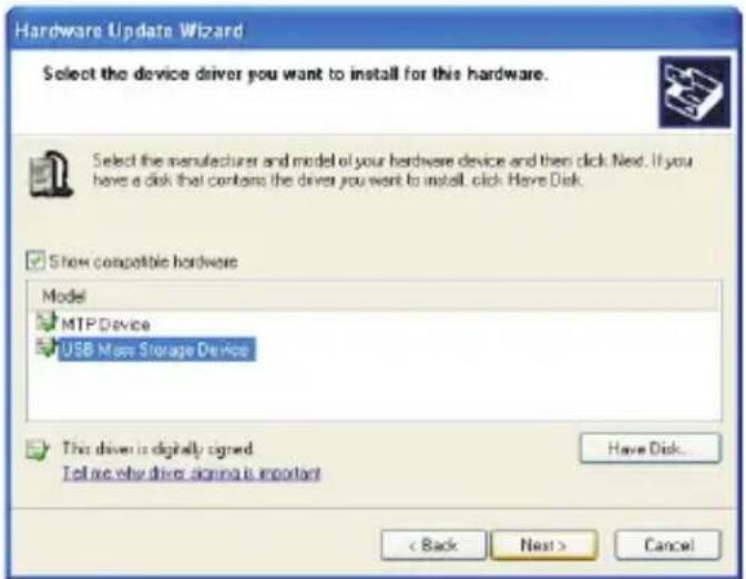 Hardware Update Wizard Select the device driver you want to install for this hardware. Select the manufacturer and model of your hardware device and then click. Next. If you have a disk that contains the drive you want to install. click Have Disk. Show compatible hardware Model MTP Device USB Max Storage Device This driver is digitally signed. Tell me why driver signing is important Have Disk... < Back Next > Cancel