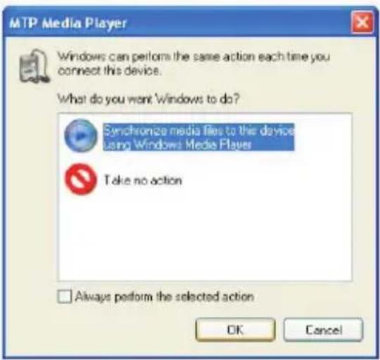 MTP Media Player Windows can perform the same action each time you connect this device. What do you want Windows to do? Synchronize media files to this device using Windows Media Player Take no action Always perform the selected action OK Cancel