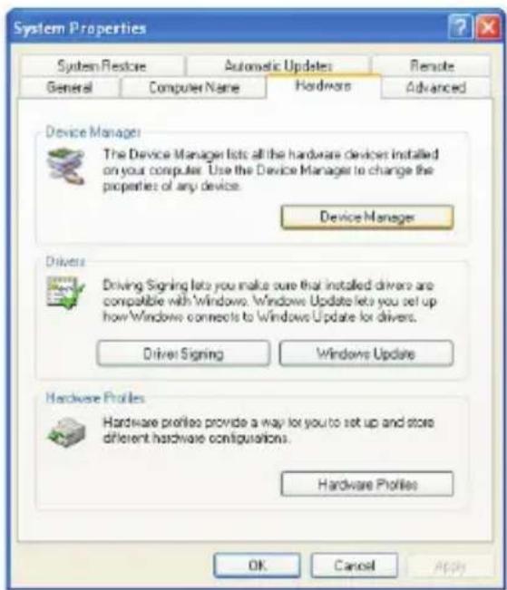 System Properties System Restore Automatic Updates Remote General Computer Name Hardware Advanced Device Manager The Device Manager lists all the hardware devices installed on your computer. Use the Device Manager to change the properties of any device. Device Manager Drivers Driving Signing lists you make sure that installed drivers are compatible with Windows. Windows Update lets you set up how Windows connects to Windows Update for drivers. Driver Signing Windows Update Hardware Profiles Hardware Profiles provide a way for you to set up and store different hardware configurations. Hardware Profiles OK Cancel Apply