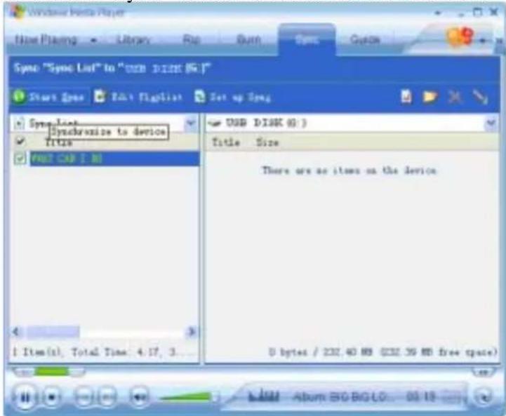Sync "Sync List" to "USB DISK (G:1)" Start Sync Edit Flaples Set up Sync Sync List Synchronize to device Title POST CARD 1.00 USB DISK (0:) Title Size There are no items on the device 0 bytes / 232.40 MB (232.59 MB free space)