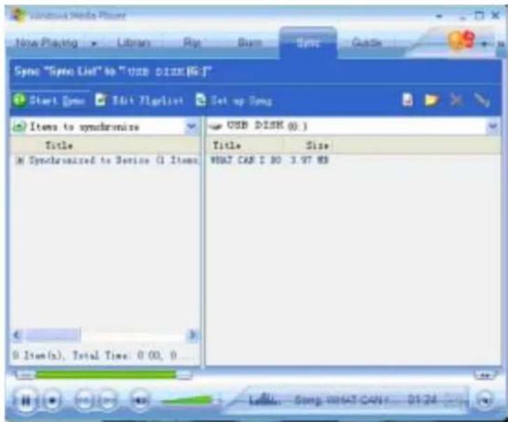 Song "Splice List" to "USB DISK(No 1)" Start Song Edit Flaplist Set up Song Items to synchronize Title Synchronized to Device (I) Items USB DISK (0:) Title Size WHAT CAN I 80 3.97 MB 0 Item(s), Total Time: 0.00, 0...