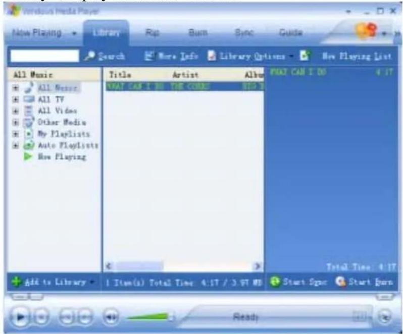 Microsoft Media Player New Playing Library Rep Burn Sync Guide Search More Info Library Options New Playing List All Music All Music All TV All Video Other Media My Playlists Auto PlayLists How Playing Title Artist Album WHAT CAN I DO THE CODE BID 3 WHAT CAN I DO 4:17 Total Time: 4:17 Add to Library I (am(s) Total Time 4:17 / 3:07 MB) Start Sync Start Born Ready