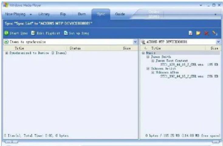 Sync "Sync List" to "ACIONS MTP DEVICE000001" Start Sync Edit PlayList Set up Sync Items to synchronize Title Status Size Synchronized to Device (2 items) 7.14e Size Music James Smith Juman Text Content STC1_198_44_16_2_CER wns 185 KB Unknown Artist Unknown Album STC1_198_44_16_2_CER wns 206 KB 0 bytes / 115.25 MB (114.60 MB free space)