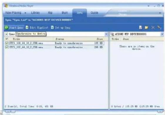 Windows Media Player New Playing Library Repo Run Sync Guide Spms "Spms List" to "ACOMS MIP DEVICE000001" Start Time Edit Script Set up Time System Synchronize to device ✓ Title Status Size ☑ $751_128_44_16_2_C38.ems Ready to synchronize 198 KB ☑ $751_128_44_16_2_C38.ems Ready to synchronize 296 KB 2 Item(s), Total Time: 0:00, 45: KB ACOMS MIP DEVICE000001 Title Size There are no item on the device. 0 bytes / 115.25 KB (115.25 KB free.