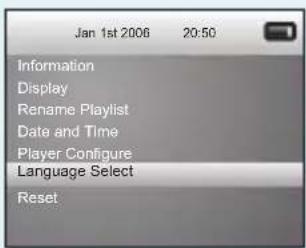 Jan 1st 2006 20:50 Information Display Rename Playlist Date and Time Player Configure Language Select Reset
