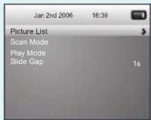 Jan 2nd 2006 16:39 Picture List Scan Mode Play Mode Slide Gap 1s
