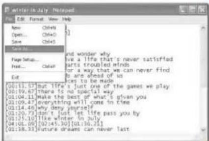 Winter in July - Managed File Edit Format View Help New Ctrl+N Open... Ctrl+O Save Ctrl+S Save As... Page Setup... Free... Ctrl+N Edit [01:11.57] But life's just one of the games we play [01:19.67] There is no special way [01:04.11] Make the best of what's given you [01:09.47] everything will come in time [01:14.46] Why deny yourself? [01:20.73] Don't just let life pass you by [01:25.10] like winter in July [04:01.09] [02:45.30] [01:30.25] [01:38.33] Future dreams can never last