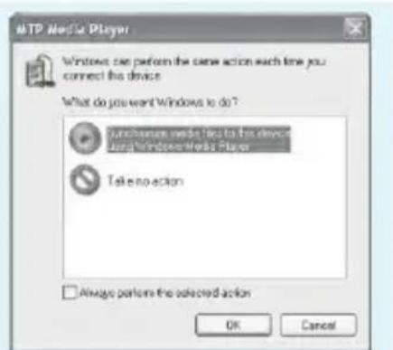 MTP Media Player Windows can perform the same action such time you connect this device. What do you want Windows to do? Randomize media help to this device Use Windows Media Player Take no action □ Always perform the selected action OK Cancel