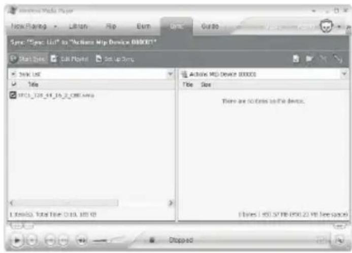 Windows Media Player New Playing Listen Flip Burn One Guide Sync: "Sync List" to "Actions Hip Device 000001" Start Date Call Player Set Up Time Sync List Title STC3_128_48_16_2_CBE AREA 1. None, Total Time: 0:10, 1:00 (0) Actions MP Device 000001 File Size There are no text to the device. Flaves: 1.50.57 MB PSX.23 MB (see space) Stopped