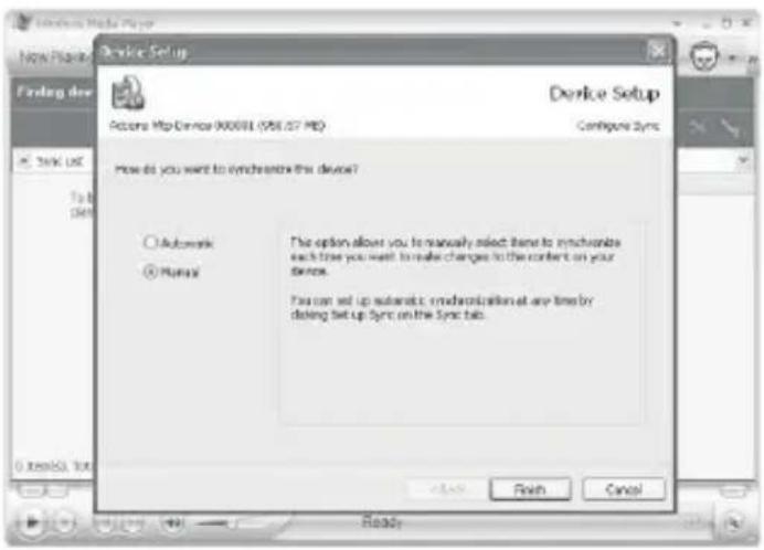 Device Setup Accora Web Devices 900001 (PSI.07 HD) Configure Sync How do you want to synchroen this device? Automatic Linux The option allows you to manually select them to synchrotes each time you want to make changes to the content on your devices. You can set up automatic synchronization at any time by doing set up Sync on the Sync tab. Finish Cancel