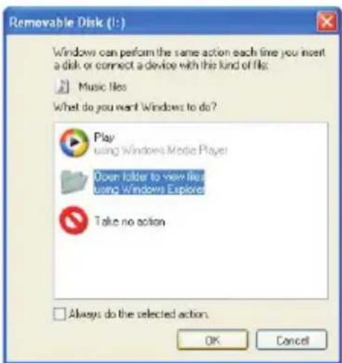 Removable Disk (1:) Windows can perform the same action each time you insert a disk or connect a device with the kind of file. Music files What do you want Windows to do? Play using Windows Media Player Open folder to view files using Windows Explorer Take no action Always do the selected action. OK Cancel