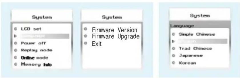 System LCD set Language Power off Replay node Online node Memory Info System Firmware Version Firmware Upgrade Exit System Language Simple Chinese Chinese Trad Chinese Japanese Korean