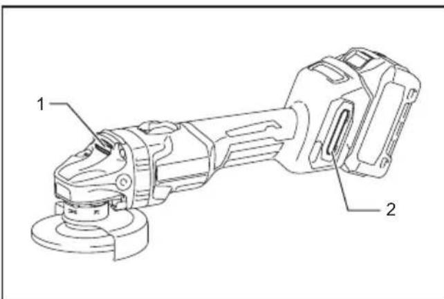 Technical diagram of a mechanical power tool with labeled parts 1 and 2