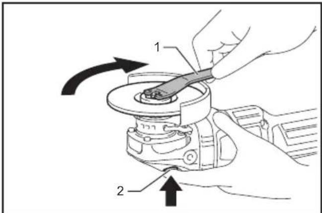 Diagram showing a hand operating a mechanical device with labeled parts 1 and 2, indicating tool movement or assembly.