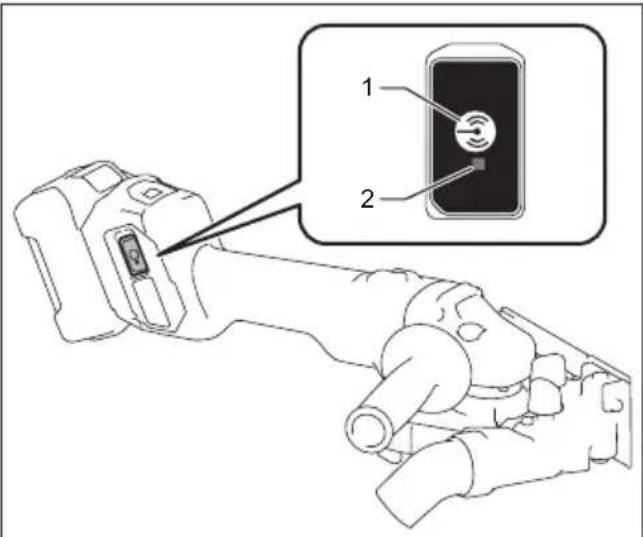 Diagram of a handheld device with labeled parts, showing a device with a sensor icon and an inset showing the internal component.
