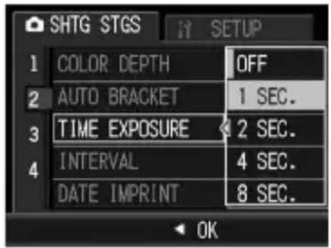 SHTG STGS 1 COLOR DEPTH OFF 2 AUTO BRACKET 1 SEC. 3 TIME EXPOSURE 2 SEC. 4 INTERVAL 4 SEC. DATE IMPRINT 8 SEC. OK