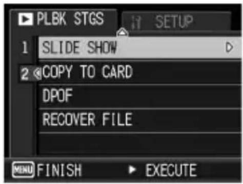 PLBK STGS 1 SLIDE SHOW 2 COPY TO CARD DPOF RECOVER FILE MENU FINISH EXECUTE