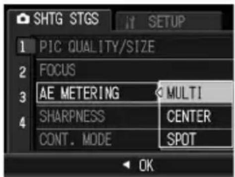 SHTG STGS 1 PIC QUALITY/SIZE 2 FOCUS 3 AE METERING MULTI 4 SHARPNESS CENTER CONT. MODE SPOT OK