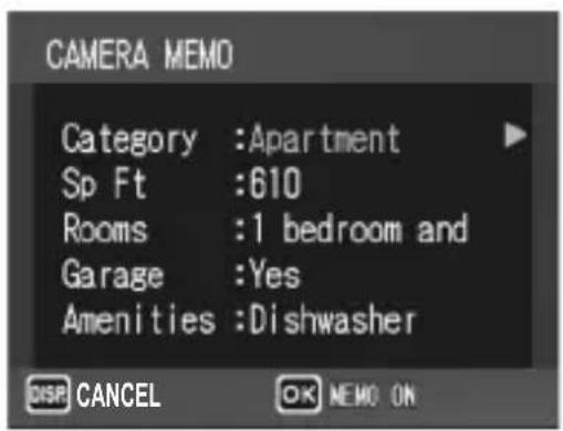 CAMERA MEMO Category :Apartment Sp Ft :610 Rooms :1 bedroom and Garage :Yes Amenities :Dishwasher DISP CANCEL OK MEMO ON