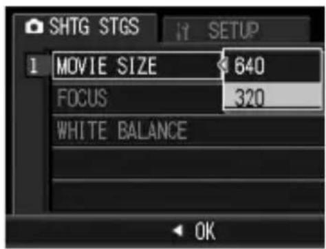 SHTG STGS 1 MOVIE SIZE 640 FOCUS 320 WHITE BALANCE OK