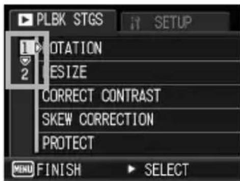PLBK STGS 1 ROTATION 2 CSIZE CORRECT CONTRAST SKEW CORRECTION PROTECT MENU FINISH SELECT SETUP